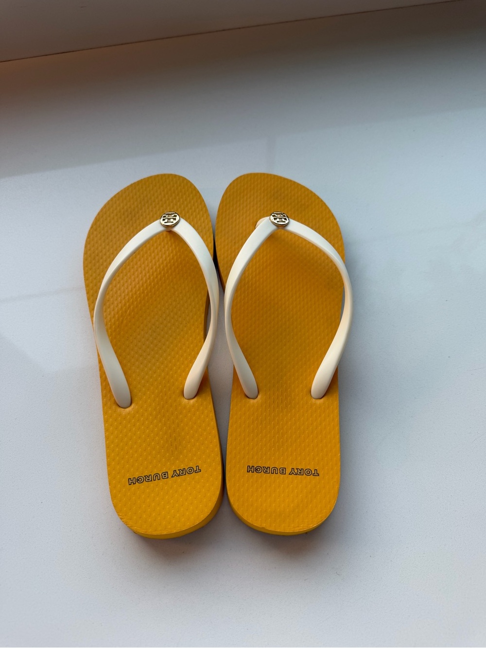 Tory Burch mustard yellow flip flops with white straps - Picture 3 of 5